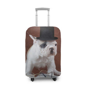 Чехол для чемодана 3D с принтом Бульдог в цилиндре в Кировске, 86% полиэфир, 14% спандекс | двустороннее нанесение принта, прорези для ручек и колес | бульдог в цилиндре | домашнее | животное | книга французский | очки | пес | прикол | собака | умный | ученый