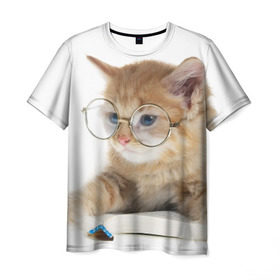 Мужская футболка 3D с принтом Кот в очках в Кировске, 100% полиэфир | прямой крой, круглый вырез горловины, длина до линии бедер | домашнее | животное | книга | кот | кот в очках | котэ | очки | прикол | умный | ученый | читает