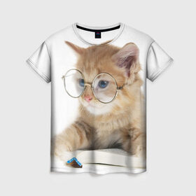 Женская футболка 3D с принтом Кот в очках в Кировске, 100% полиэфир ( синтетическое хлопкоподобное полотно) | прямой крой, круглый вырез горловины, длина до линии бедер | домашнее | животное | книга | кот | кот в очках | котэ | очки | прикол | умный | ученый | читает