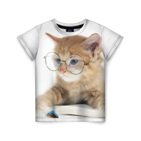 Детская футболка 3D с принтом Кот в очках в Кировске, 100% гипоаллергенный полиэфир | прямой крой, круглый вырез горловины, длина до линии бедер, чуть спущенное плечо, ткань немного тянется | домашнее | животное | книга | кот | кот в очках | котэ | очки | прикол | умный | ученый | читает