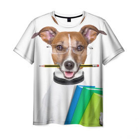 Мужская футболка 3D с принтом Ученый пес в Кировске, 100% полиэфир | прямой крой, круглый вырез горловины, длина до линии бедер | домашнее | животное | карандаш | книги | очки | ошейник | пес | прикол | собака в очках | умный | ученый