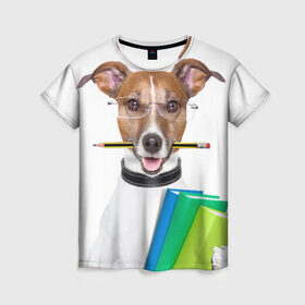 Женская футболка 3D с принтом Ученый пес в Кировске, 100% полиэфир ( синтетическое хлопкоподобное полотно) | прямой крой, круглый вырез горловины, длина до линии бедер | домашнее | животное | карандаш | книги | очки | ошейник | пес | прикол | собака в очках | умный | ученый