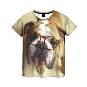 Женская футболка 3D с принтом Бульдог в очках в Кировске, 100% полиэфир ( синтетическое хлопкоподобное полотно) | прямой крой, круглый вырез горловины, длина до линии бедер | бульдог в очках | домашнее | животное | очки | пес | прикол | собака | умный | ученый