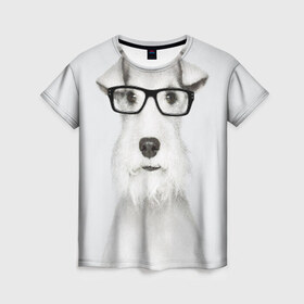 Женская футболка 3D с принтом Собака в очках в Кировске, 100% полиэфир ( синтетическое хлопкоподобное полотно) | прямой крой, круглый вырез горловины, длина до линии бедер | белый | домашнее | животное | очки | пес | прикол | собака в очках | умный | ученый | эрдельтерьер