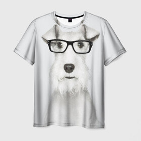 Мужская футболка 3D с принтом Собака в очках в Кировске, 100% полиэфир | прямой крой, круглый вырез горловины, длина до линии бедер | белый | домашнее | животное | очки | пес | прикол | собака в очках | умный | ученый | эрдельтерьер