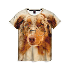Женская футболка 3D с принтом Собака в очках в Кировске, 100% полиэфир ( синтетическое хлопкоподобное полотно) | прямой крой, круглый вырез горловины, длина до линии бедер | домашнее | животное | очки | пес | прикол | собака в очках | умный | ученый