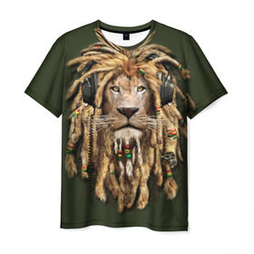 Мужская футболка 3D с принтом Лев в Кировске, 100% полиэфир | прямой крой, круглый вырез горловины, длина до линии бедер | reggae | лев | музыка | наушники | прическа | регги | стиль | ямайка