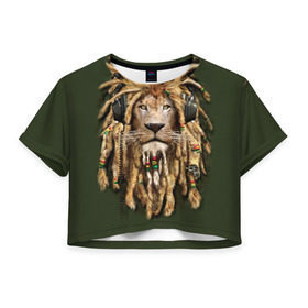 Женская футболка 3D укороченная с принтом Лев в Кировске, 100% полиэстер | круглая горловина, длина футболки до линии талии, рукава с отворотами | reggae | лев | музыка | наушники | прическа | регги | стиль | ямайка