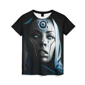 Женская футболка 3D с принтом Девушка андроид в Кировске, 100% полиэфир ( синтетическое хлопкоподобное полотно) | прямой крой, круглый вырез горловины, длина до линии бедер | андроид | глаз | девушка | киборг | робот | третий