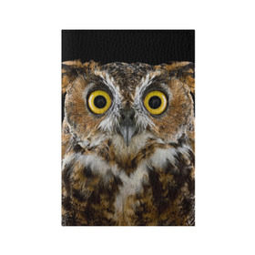 Обложка для паспорта матовая кожа с принтом Сова в Кировске, натуральная матовая кожа | размер 19,3 х 13,7 см; прозрачные пластиковые крепления | взгляд | гипноз | гипнотический | глаза | мистическая | ночная | ночь | птица | сова | фон | хищник | черный