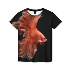 Женская футболка 3D с принтом Бойцовая рыбка в Кировске, 100% полиэфир ( синтетическое хлопкоподобное полотно) | прямой крой, круглый вырез горловины, длина до линии бедер | аквариумная | бойцовая | красивый | плавники | рыба | рыбка | хвост | япаонская