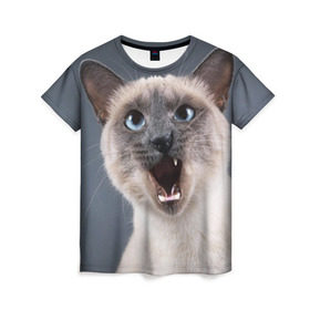 Женская футболка 3D с принтом Злой кот в Кировске, 100% полиэфир ( синтетическое хлопкоподобное полотно) | прямой крой, круглый вырез горловины, длина до линии бедер | взгляд | домашнее | животное | злой | зубы | клыки | кот | котэ | кошка | оскал | сеамский