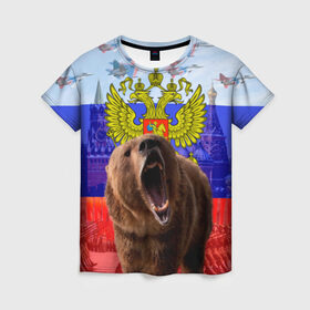 Женская футболка 3D с принтом Русский медведь и герб в Кировске, 100% полиэфир ( синтетическое хлопкоподобное полотно) | прямой крой, круглый вырез горловины, длина до линии бедер | герб | медведь | россия | русский | русский медведь
