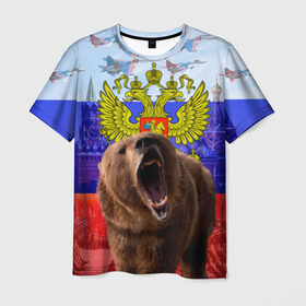 Мужская футболка 3D с принтом Русский медведь и герб в Кировске, 100% полиэфир | прямой крой, круглый вырез горловины, длина до линии бедер | герб | медведь | россия | русский | русский медведь