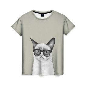 Женская футболка 3D с принтом Кот - хипстер в Кировске, 100% полиэфир ( синтетическое хлопкоподобное полотно) | прямой крой, круглый вырез горловины, длина до линии бедер | cat | hipster | кот | кошка | хипстер