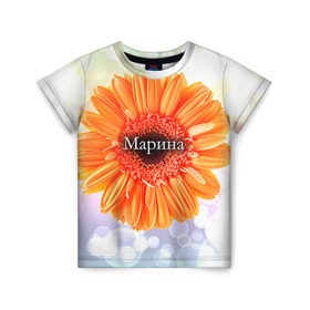 Детская футболка 3D с принтом Марина в Кировске, 100% гипоаллергенный полиэфир | прямой крой, круглый вырез горловины, длина до линии бедер, чуть спущенное плечо, ткань немного тянется | девушке | имя | любимой | марина | подарок | подарок любимой | подарок на 8 марта | подарок на день рождения | с 8 марта | цветок | цветы