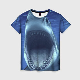 Женская футболка 3D с принтом Белая акула в Кировске, 100% полиэфир ( синтетическое хлопкоподобное полотно) | прямой крой, круглый вырез горловины, длина до линии бедер | shark | море | синий