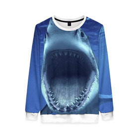 Женский свитшот 3D с принтом Белая акула в Кировске, 100% полиэстер с мягким внутренним слоем | круглый вырез горловины, мягкая резинка на манжетах и поясе, свободная посадка по фигуре | shark | море | синий