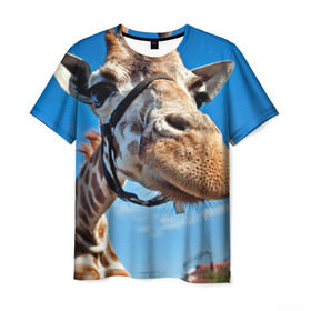 Мужская футболка 3D с принтом Прикольный жираф в Кировске, 100% полиэфир | прямой крой, круглый вырез горловины, длина до линии бедер | Тематика изображения на принте: африка | животное | жираф | небо | природа
