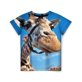 Детская футболка 3D с принтом Прикольный жираф в Кировске, 100% гипоаллергенный полиэфир | прямой крой, круглый вырез горловины, длина до линии бедер, чуть спущенное плечо, ткань немного тянется | африка | животное | жираф | небо | природа