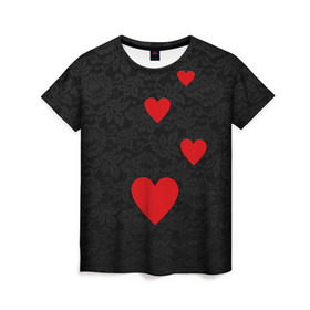 Женская футболка 3D с принтом Кружево и седца в Кировске, 100% полиэфир ( синтетическое хлопкоподобное полотно) | прямой крой, круглый вырез горловины, длина до линии бедер | dg | dolce | gabbana | габбана | дольче | любовь | сердечко