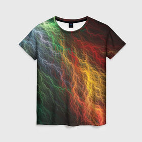 Женская футболка 3D с принтом Разноцветные молнии в Кировске, 100% полиэфир ( синтетическое хлопкоподобное полотно) | прямой крой, круглый вырез горловины, длина до линии бедер | lightning | молния