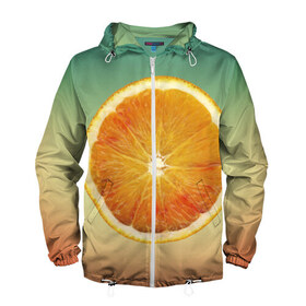 Мужская ветровка 3D с принтом Апельсиновый рай в Кировске, 100% полиэстер | подол и капюшон оформлены резинкой с фиксаторами, два кармана без застежек по бокам, один потайной карман на груди | апельсин | градиент | жёлтый | зелёный | оранжевый