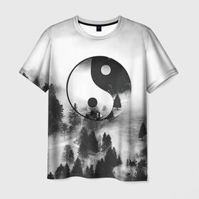 Мужская футболка 3D с принтом Гармония в Кировске, 100% полиэфир | прямой крой, круглый вырез горловины, длина до линии бедер | белое | гармония | инь | природа | черное | янь