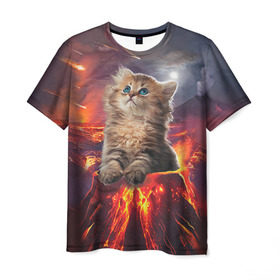 Мужская футболка 3D с принтом Кот на вулкане в Кировске, 100% полиэфир | прямой крой, круглый вырез горловины, длина до линии бедер | вулкан | извержение | кот | котенок | лава | метеорит