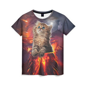 Женская футболка 3D с принтом Кот на вулкане в Кировске, 100% полиэфир ( синтетическое хлопкоподобное полотно) | прямой крой, круглый вырез горловины, длина до линии бедер | вулкан | извержение | кот | котенок | лава | метеорит
