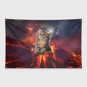 Флаг-баннер с принтом Кот на вулкане в Кировске, 100% полиэстер | размер 67 х 109 см, плотность ткани — 95 г/м2; по краям флага есть четыре люверса для крепления | вулкан | извержение | кот | котенок | лава | метеорит