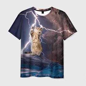 Мужская футболка 3D с принтом Кот и молния в Кировске, 100% полиэфир | прямой крой, круглый вырез горловины, длина до линии бедер | буря | гроза | кот | котенок | молния | облака