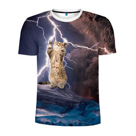 Мужская футболка 3D спортивная с принтом Кот и молния в Кировске, 100% полиэстер с улучшенными характеристиками | приталенный силуэт, круглая горловина, широкие плечи, сужается к линии бедра | буря | гроза | кот | котенок | молния | облака