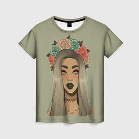 Женская футболка 3D с принтом Девушка в венке в Кировске, 100% полиэфир ( синтетическое хлопкоподобное полотно) | прямой крой, круглый вырез горловины, длина до линии бедер | swag | венок | губы | девушка | красивая | свэг | цветы