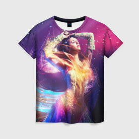 Женская футболка 3D с принтом Девушка в огнях в Кировске, 100% полиэфир ( синтетическое хлопкоподобное полотно) | прямой крой, круглый вырез горловины, длина до линии бедер | девушка в огнях | звезды | космос | краски | цвет | яркие