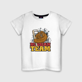 Детская футболка хлопок с принтом Hockey. Russian team. в Кировске, 100% хлопок | круглый вырез горловины, полуприлегающий силуэт, длина до линии бедер | Тематика изображения на принте: медведь | россия | русский | хоккей | чемпион | шайба