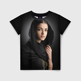 Детская футболка 3D с принтом Индусская девушка в Кировске, 100% гипоаллергенный полиэфир | прямой крой, круглый вырез горловины, длина до линии бедер, чуть спущенное плечо, ткань немного тянется | индия | индусская девушка | красивая | фон | черный
