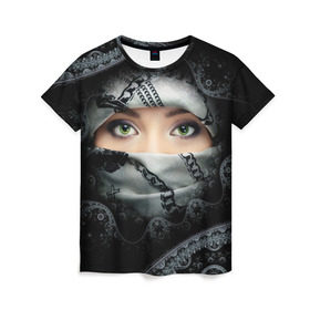 Женская футболка 3D с принтом Восточная девушка в Кировске, 100% полиэфир ( синтетическое хлопкоподобное полотно) | прямой крой, круглый вырез горловины, длина до линии бедер | взгляд | восточная девушка | глаза | красивая | никаб | орнамент | узоры | хиджаб