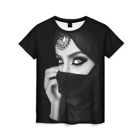 Женская футболка 3D с принтом Восточная девушка в Кировске, 100% полиэфир ( синтетическое хлопкоподобное полотно) | прямой крой, круглый вырез горловины, длина до линии бедер | взгляд | восточная девушка | глаза | красивая | никаб | орнамент | узоры | хиджаб