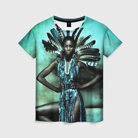 Женская футболка 3D с принтом Африканская девушка в Кировске, 100% полиэфир ( синтетическое хлопкоподобное полотно) | прямой крой, круглый вырез горловины, длина до линии бедер | африка | африканская девушка | в перьях | модель | перья