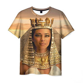 Мужская футболка 3D с принтом Клеопатра в Кировске, 100% полиэфир | прямой крой, круглый вырез горловины, длина до линии бедер | египет | египетская | закат | золото | клеопатра | корона | песок | пирамиды | пустыня | солнце | царица