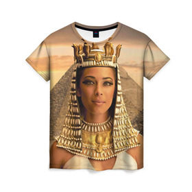 Женская футболка 3D с принтом Клеопатра в Кировске, 100% полиэфир ( синтетическое хлопкоподобное полотно) | прямой крой, круглый вырез горловины, длина до линии бедер | египет | египетская | закат | золото | клеопатра | корона | песок | пирамиды | пустыня | солнце | царица