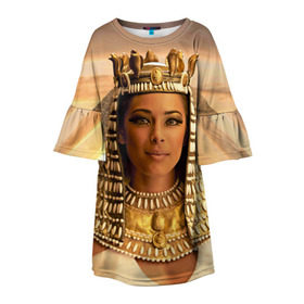 Детское платье 3D с принтом Клеопатра в Кировске, 100% полиэстер | прямой силуэт, чуть расширенный к низу. Круглая горловина, на рукавах — воланы | египет | египетская | закат | золото | клеопатра | корона | песок | пирамиды | пустыня | солнце | царица