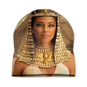 Шапка 3D с принтом Клеопатра в Кировске, 100% полиэстер | универсальный размер, печать по всей поверхности изделия | Тематика изображения на принте: египет | египетская | закат | золото | клеопатра | корона | песок | пирамиды | пустыня | солнце | царица