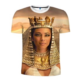 Мужская футболка 3D спортивная с принтом Клеопатра в Кировске, 100% полиэстер с улучшенными характеристиками | приталенный силуэт, круглая горловина, широкие плечи, сужается к линии бедра | Тематика изображения на принте: египет | египетская | закат | золото | клеопатра | корона | песок | пирамиды | пустыня | солнце | царица