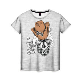 Женская футболка 3D с принтом Енот ковбой в Кировске, 100% полиэфир ( синтетическое хлопкоподобное полотно) | прямой крой, круглый вырез горловины, длина до линии бедер | енот