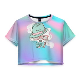 Женская футболка 3D укороченная с принтом Енот в шляпе в Кировске, 100% полиэстер | круглая горловина, длина футболки до линии талии, рукава с отворотами | енот