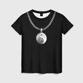 Женская футболка 3D с принтом Инь янь в Кировске, 100% полиэфир ( синтетическое хлопкоподобное полотно) | прямой крой, круглый вырез горловины, длина до линии бедер | инь ян | медальон | цепь