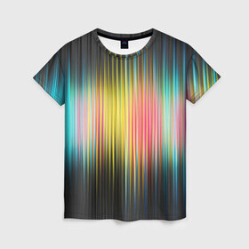 Женская футболка 3D с принтом Спектр в Кировске, 100% полиэфир ( синтетическое хлопкоподобное полотно) | прямой крой, круглый вырез горловины, длина до линии бедер | мерцание | радуга | свет | свечение | сияние | спектр | цвета | эквалайзер