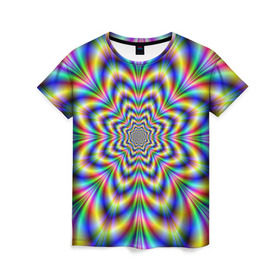 Женская футболка 3D с принтом Красочная иллюзия в Кировске, 100% полиэфир ( синтетическое хлопкоподобное полотно) | прямой крой, круглый вырез горловины, длина до линии бедер | гипноз | движение | красочный фон | обман зрения | оптическая иллюзия | погружение | текстура | фокус
